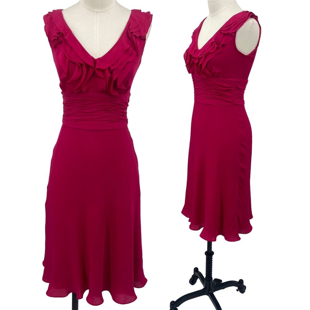 Antonio Melani Silk Dress Sleeveless Ruffle Trim V Neckline Midi Pink Womens 0